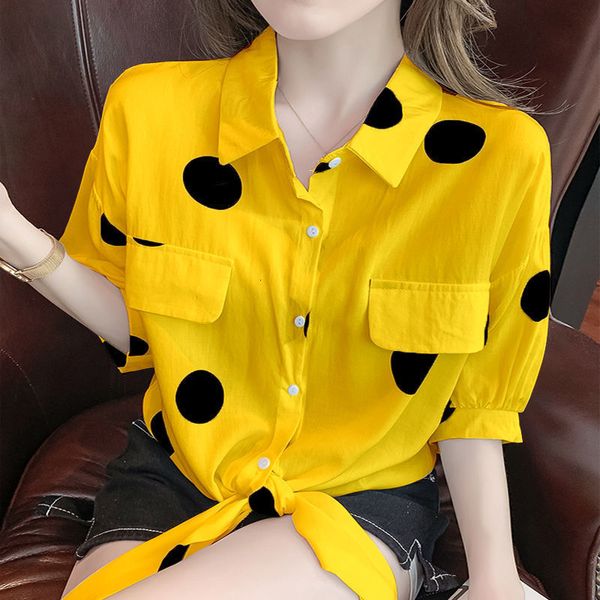 

women's blouses shirts fashion lapel loose bandage bow polka dot shirt women's clothing summer oversized casual half sleeve korea, White