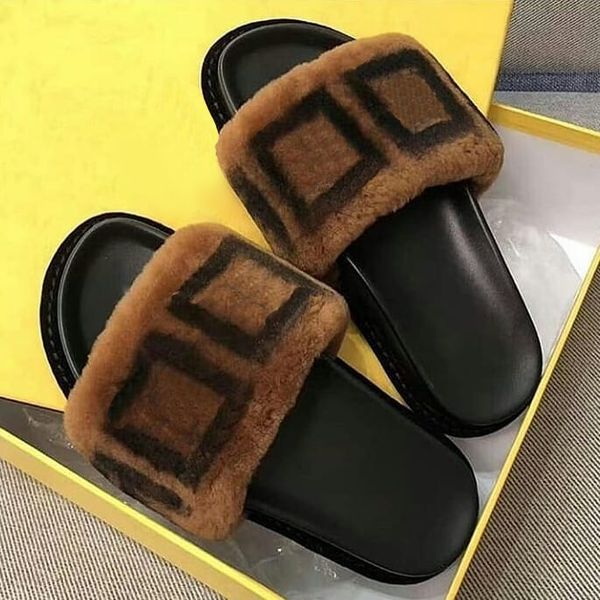 

designer slippers fluffy teddy bear wool gladiator sliders womens shoes fur double ff baguette sandals fuzzy warm indoor flat flip flop woma, Black