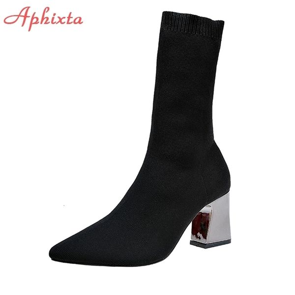 

boots aphixta metal color 7cm square heels socks boots women big size 43 stretch fabric elastic pointed toe shoes ankle boot woman 230809, Black
