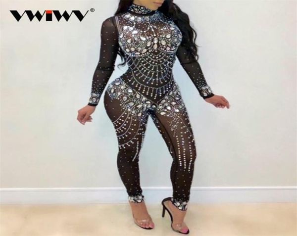 

vwiwv women mock neck jumpsuit sequin rhine diamonds jumpsuits long sleeve skinny bodysuits clubwear party one piece romper y4613290, Black;white