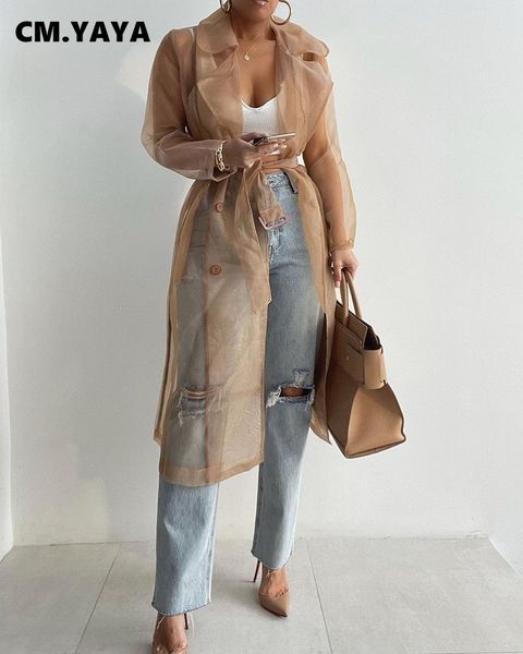 

women's trench coats cmyaya women organza see though sunscreen long sleeve summer fashion basic double breasted with belt 230808, Tan;black