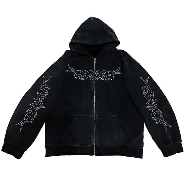 

mens hoodies sweatshirts street casual tatoo diamond zipper jacket chicano high american trend hiphop autumn and winter hoodie 230808, Black