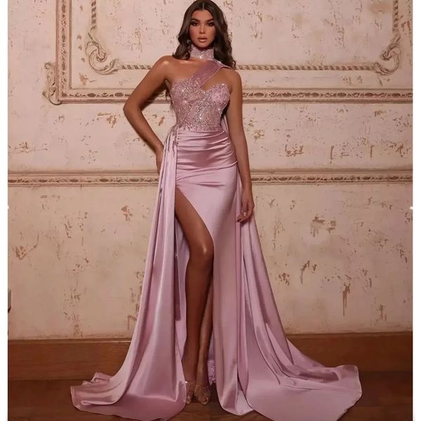

sparkling pink mermaid prom dress sleeveless bling sequins satin side slit halter one shoulder sweep length vestido de novia, Black