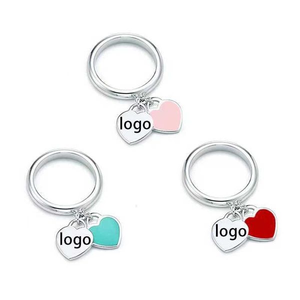 

original designer tiffay light and luxury style simple double heart ring jewelry enamel love cnc word print peach, Silver