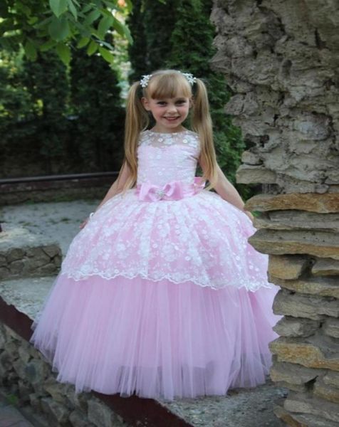 

lovely little girl pageant dress pink princess floor length lace tulle ball gown with sash bowknot jewel back keyhole flower girls6287384, White;blue
