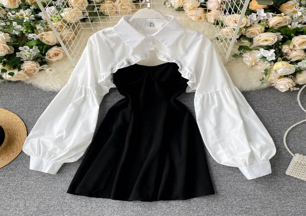 

set women ice lady two piece dress girls puffed sleeve blouse short style halter elegant puff bodycon mini skirt outfits summer korean suit, White