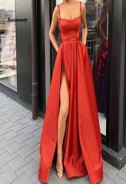 

evening dresses custom made square collar aline spaghetti straps satin high slit formal gowns with pockets68801481536193, Black;red