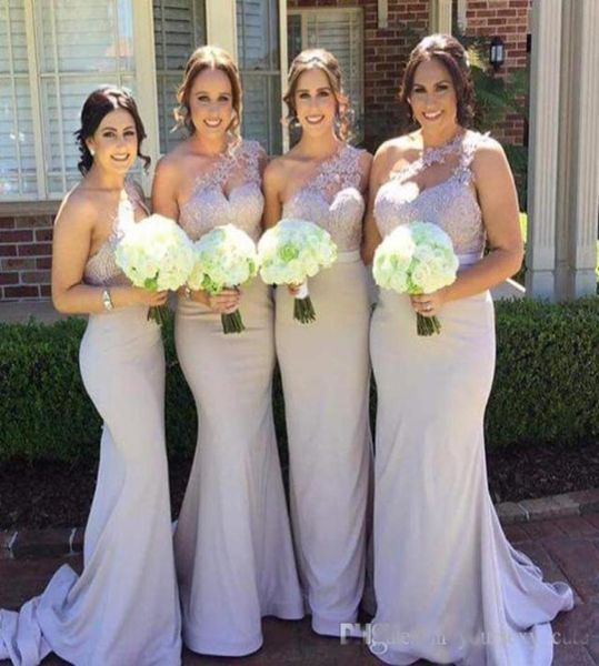 

new mermaid bridesmaid dresses 2021 elegant one shoulder appliques lace satin backless long evening dresses wedding guest dr6863080, White;pink