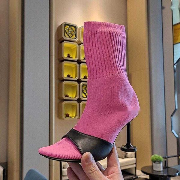 

boots spring women short pointed toe high heel sock female runway designer dress mid-calf 2023, Black