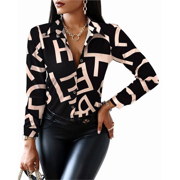 

women's blouses shirts blouses button-down shirts letter long-sleeved shirt floral fashion print formal loose neck t-shirt 230808, White