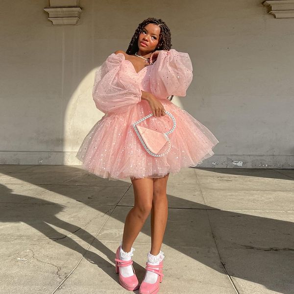 

glitter pink puffy homecoming dresses off the shoulder long sleeve mini prom party gown pleat layered robe de cocktail, Blue;pink