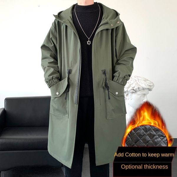 

men's trench coats thin and thick options 2023 autumn winter hooded windbreaker mid length warm waist wrap coat casual pocket jacket 23, Tan;black