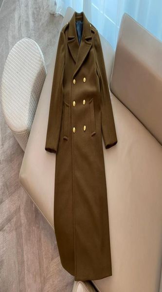 

brown wool large lapel long sleeve metal breasted knee length windbreaker3907714, Black