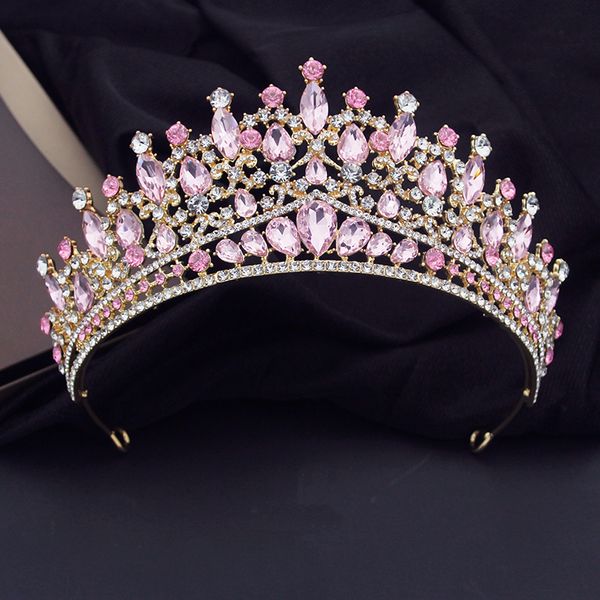 

wedding hair jewelry luxury pink crystal wedding crown royal queen tiaras headbands girls prom bridal headdress bride diadem hair jewelry ac, Slivery;golden
