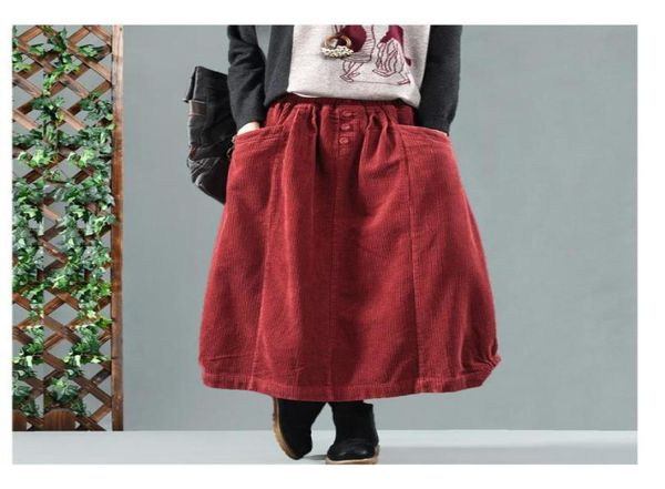 

autumn corduroy skirt retro women elastic waist long skirt pocket button solid color red black blue casual ladies bud skirts9771153