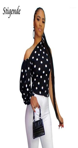 

stigende lantern sleeve polka dot crop blouse women casual slash neck short blouse fashion one shoulder shirts blouses11796777, White