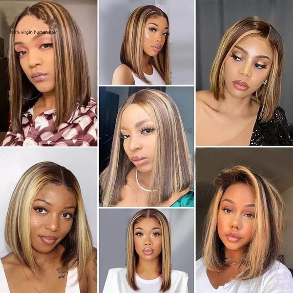 

peruvian human hair p4 27 piano color 13x4 lace front bob wig silky straight 10-16inch 150% 180% 210% density, Black;brown