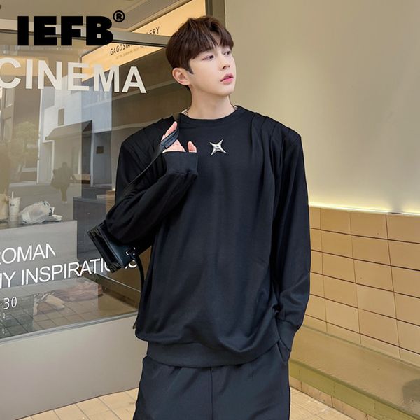 

mens hoodies sweatshirts iefb fashion shoulder pad sweatshirt trend metal decoration pleated design loose casual round collar male pullover, Black