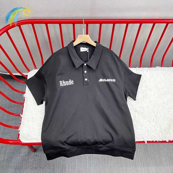 

2023ss black apricot rhude lapel t-shirt men women 1 1 heavy fabric patchwork hip hop classic embroidered rhude loose tee, White;black