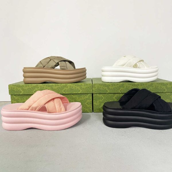 

luxury slippers platform slide brand women sunny beach shoes shoes thick soles cross strap sandals 6cm high heel size 35-45 with box no458, Black