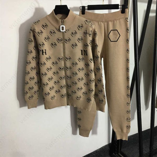 

fall womens tracksuit two piece set hexagonal letter standing collar long sleeve zipper cardigan jackets drawstring casual trousers women jo, Gray