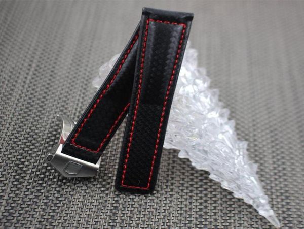 

watch band carbon fiber watch strap with red stitched leather lining stainless steel clasp watchband for tag2152749, Black;brown
