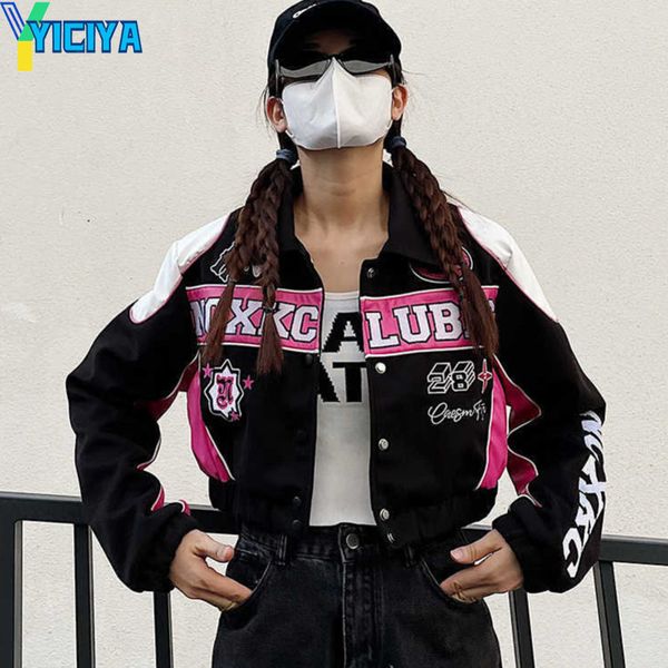 

womens jackets yiciya varsity jacket bomber coats women in outerwear y2k american vintage baseball jackets oversize motorcycle coat met 2308, Black;brown