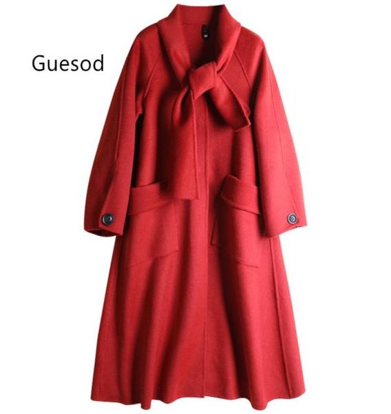 

women wool coat alpaca coat female medium length bow collar outerwear red woolen outerwear winter fashion new arrival7639732, Black