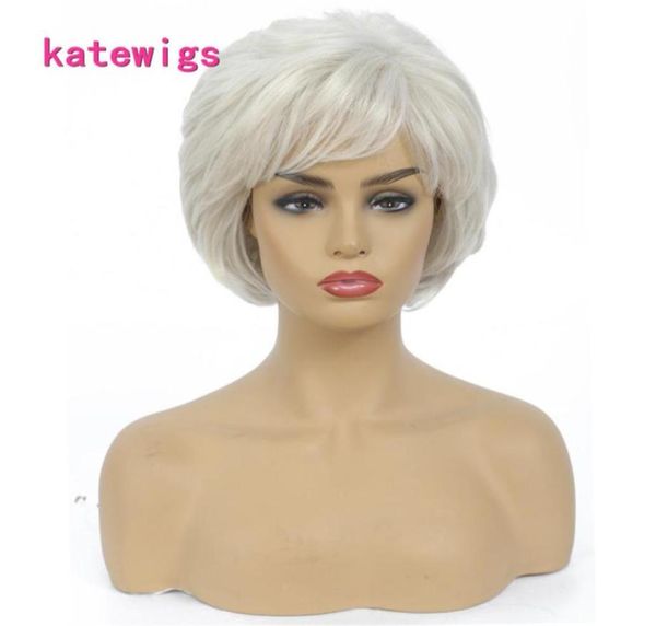 

short blond ombre white color with bang curly wig for women synthetic natural hair beauty35437235892438, Black