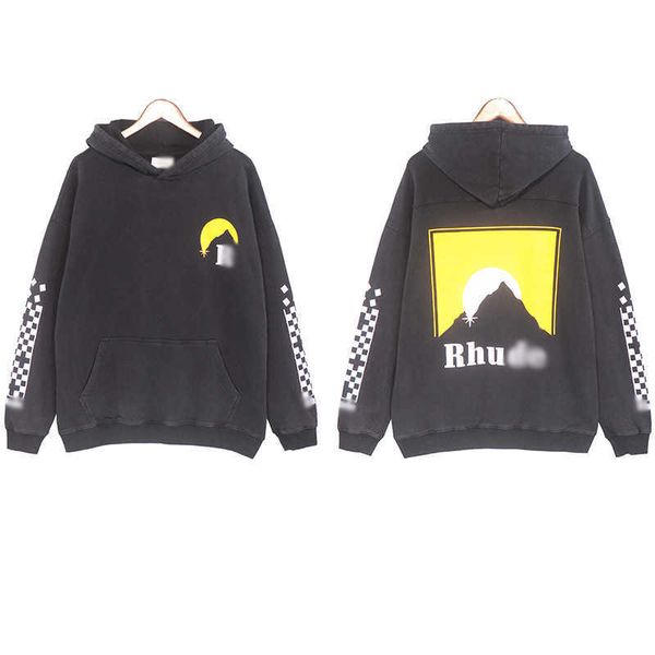 

fashion brand rhude autumn and winter new washing old high street sunset print hoodie for men and women, Black