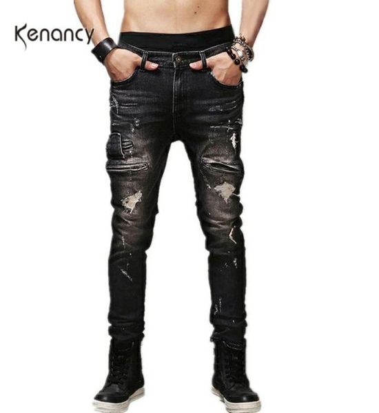 

hemiks mens ripped jeans cotton black slim fit motorcycle jeans men vintage distressed denim pants fashion streetwear8958261, Blue