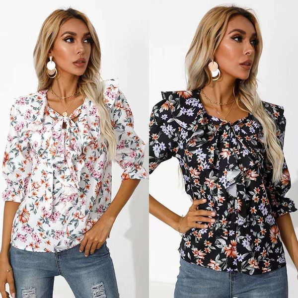 

womens autumn floral half sleeve shirt, White