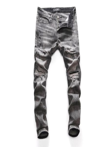 

men039s jeans luxury ripped hole grey denim men slim straight casual vintrage pantalon moto homme solid streetwear spring mens 2448036, Blue