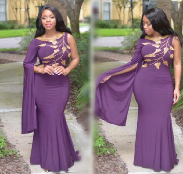 

south african purple one shoulder prom dresses gold apppliques mermaid evening gowns floor length arabic women formal party vestid7958298, Black