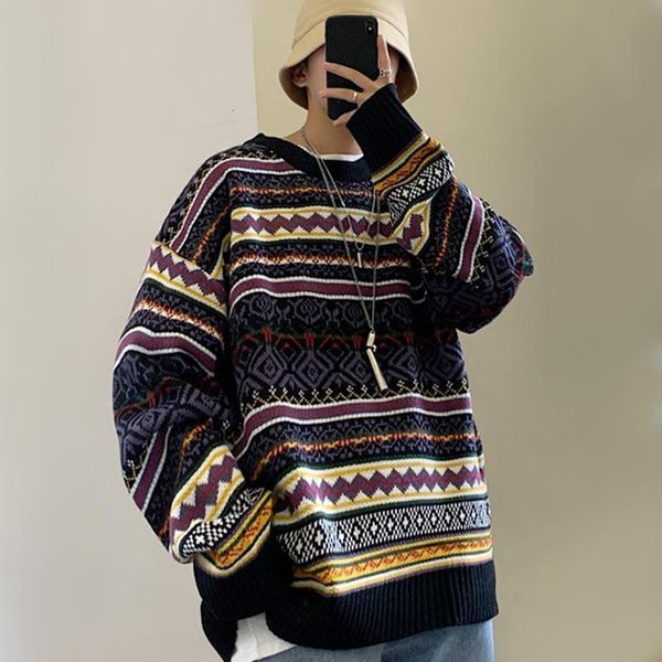 

men's sweaters fashion round neck sweater for men autumn winter baggy vintage pullover knitwear couple long-sleeved casual warm clothe, White;black