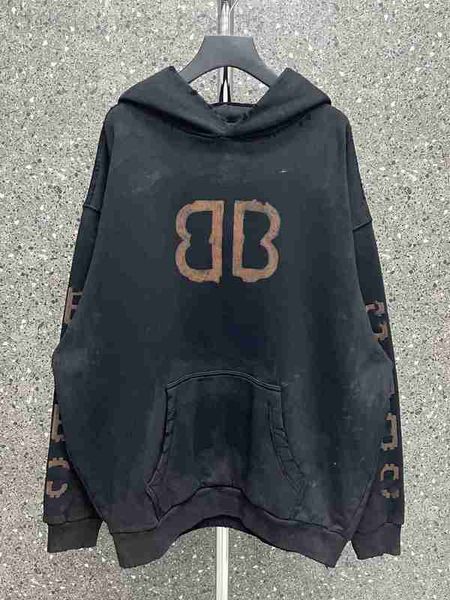 

women's hoodies & sweatshirts designer high version b family 23s new mud dyed terry hoodie, custom woven and fabric, worn torn holes, s, Black