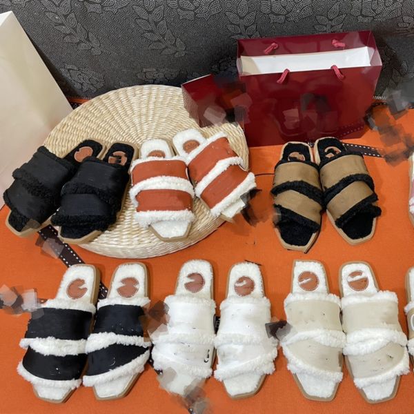 

women furry slides sandals designer wool slippers woody flat mule in canvas chioe cloe shearling-lined white black fuzzy fluffy plush fur wi