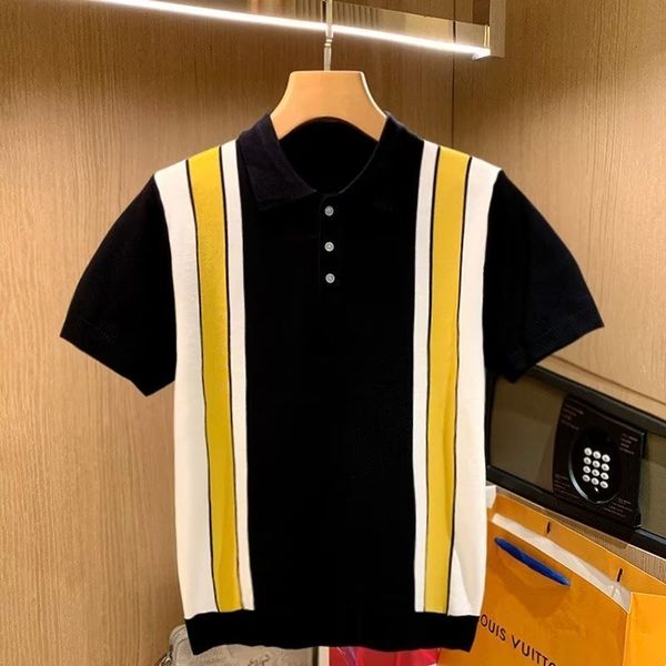 

men's polos fashion striped patchwork knit mens polo shirt summer vintage turndown collar buttoned short sleeve knitting clothes street, White;black