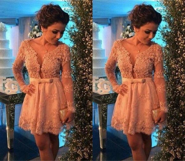 

short cocktail dresses 2017 scoop neck long sleeve sheer illuison lace with sashes beaded party dress homecoming gowns5695001, Black