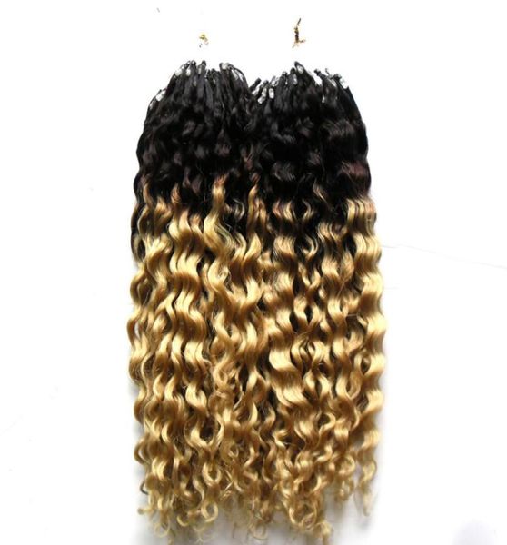 

t1b613 blond kinky curly micro loop human hair extensions 200s ombre micro loop ring hair extensions 200g curly micro bead hair e4991485, Black