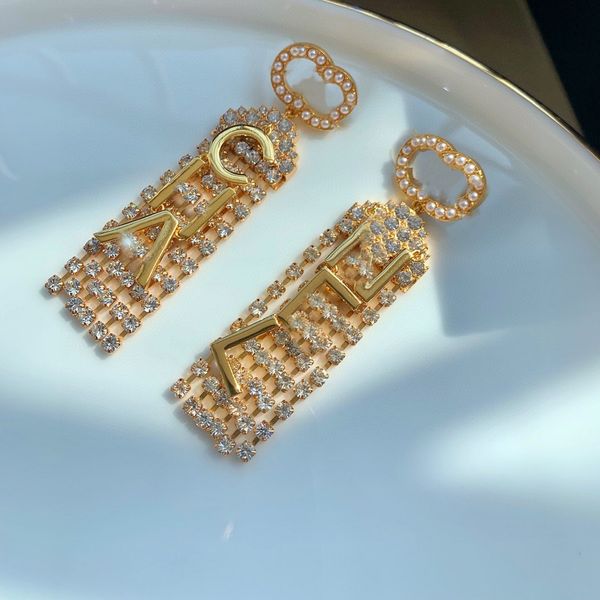 

2023 various simple luxury desinger letter ccity stud long dangle earrings pearl tassel channel crystal wedding party jewelry accessories ax, Golden;silver