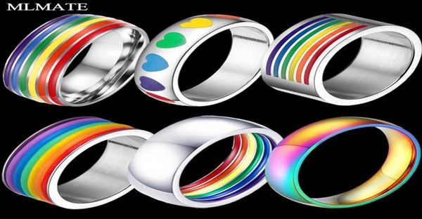 

mens womens rainbow colorful lgbt pulsera ring stainless steel wedding band lebian gay rings drop 2438488, Slivery;golden