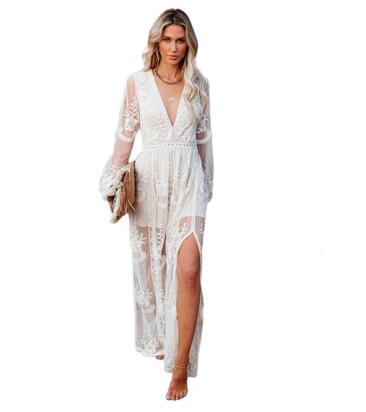 

urban dresse summer lace hollowed out dress long sleeve v neck solid chiffon 230809, White;black