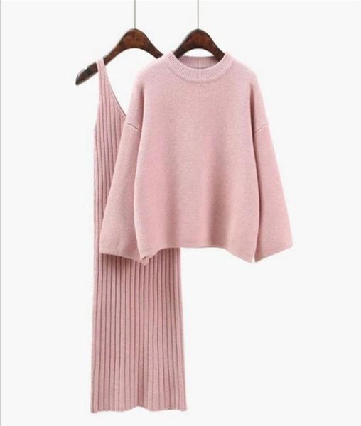 

autumn womans sweater suitssolid color female casual twopieces sets loose sweater knit mini winter pullovers pink3392550, White;black