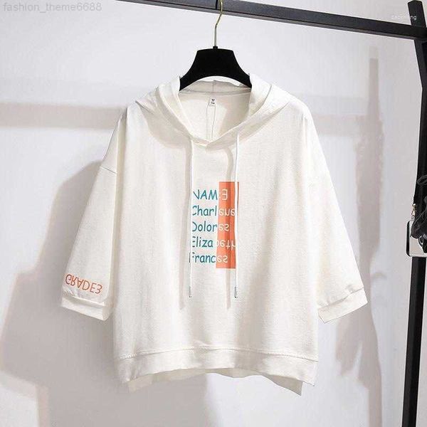 

women's t shirts spring and autumn thin hooded short sleeved sweater loose korean summer t-shirt for women half sleeve top, White