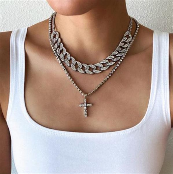 

hip hop cuban link chain choker necklace set iced out pendant necklace jewelry women men hiphop bling luxury jewellery6616014, Silver