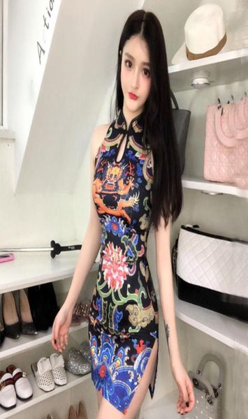 

chinese retro fashion dragon totem printing dress sleeveless split slim cheongsam dress high collar short mini club dresses y4918448, White;black