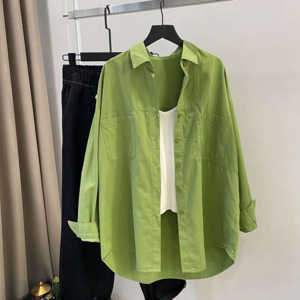

hong kong style loose white shirt womens mid length spring and autumn korean long sleeved folded casual green