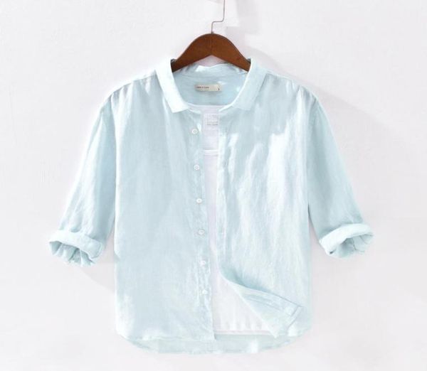 

men039s three quarter sleeve shirts 100linen summer casual fashion solid pink shirts man turndown collar blouse y24979269267, White;black