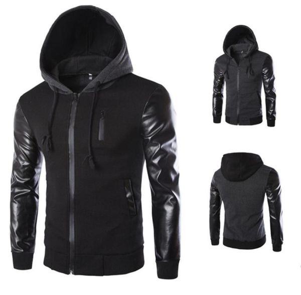

2020 winter autumn men 039s hooded jacket coat fashion stitching leather sleeve male zipper casual overcoat black dark gray m23904614, Black;brown